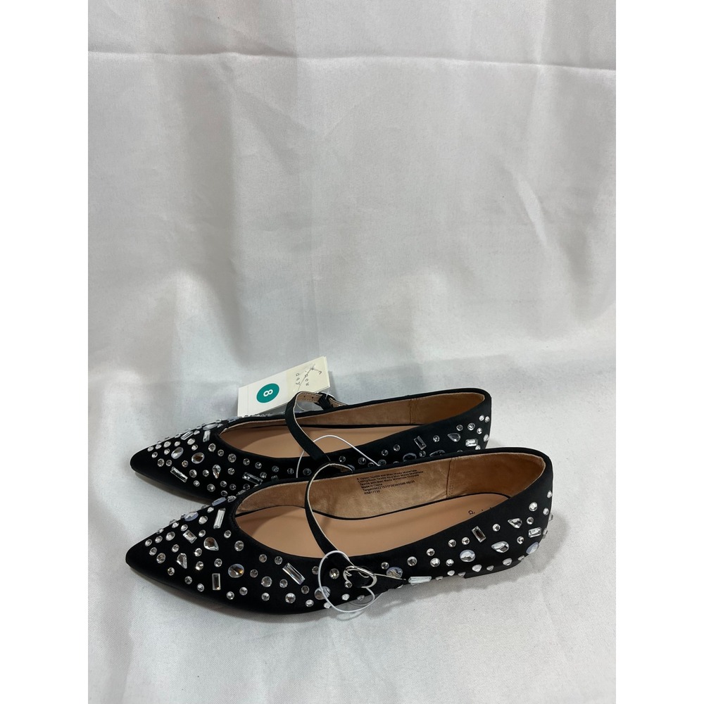 A New Day Black Rhinestone Crystal Pointed Toe Mary Jane Flats Memory Foam 8